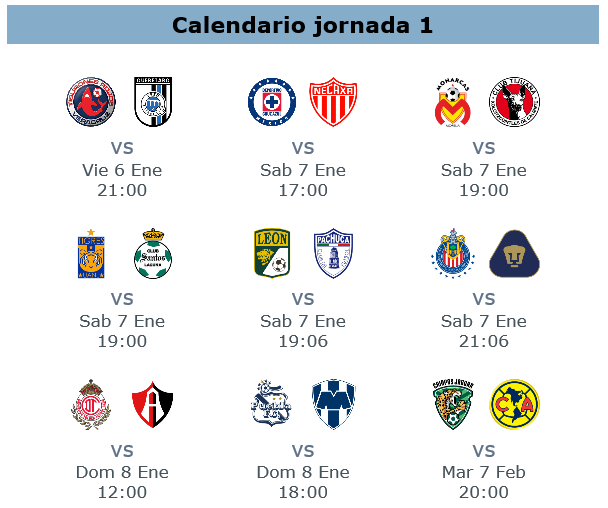 Calendario jornada 1 del clausura 2017 del futbol mexicano
